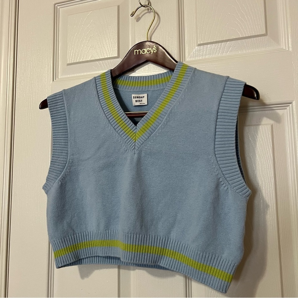 Aritzia Sunday Best Merino Wool Cotton Blue Green Knit Cropped Sweater Vest Sz S - Picture 4 of 13